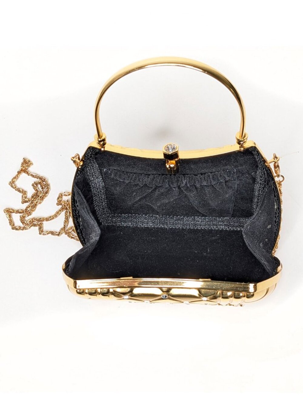 Vintage Gold Hard Shell Rhinestone Evening Bag Metal Box Clutch Crossbody Purse - Picture 9 of 14